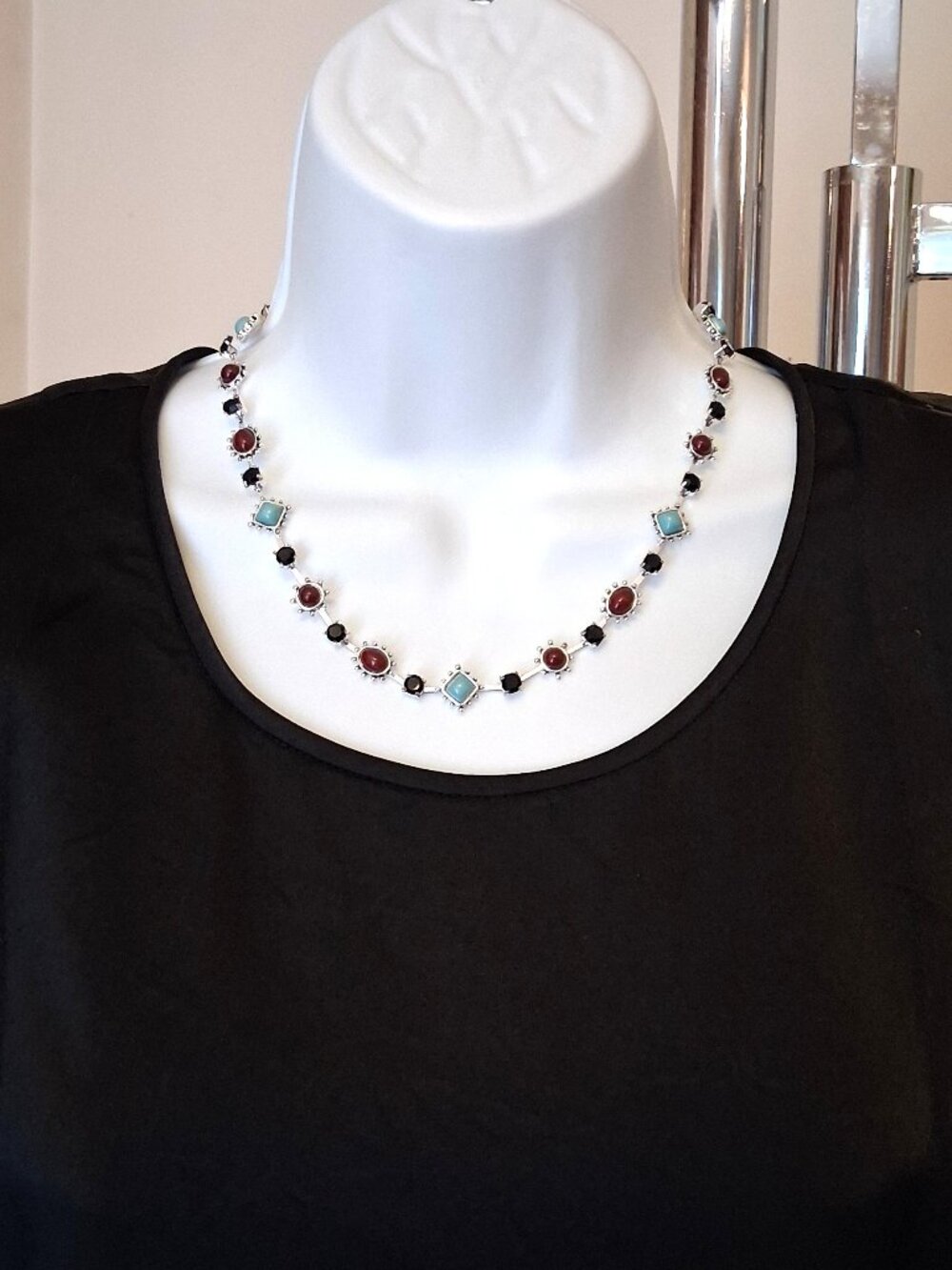 Vintage Colorful Beaded Silver-Plated Choker Necklace VTG Wearable Art Jewelry